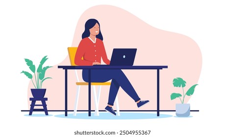 Woman working on laptop - One woman sitting on desk doing work on computer smiling alone. Flat design vector illustration on white background