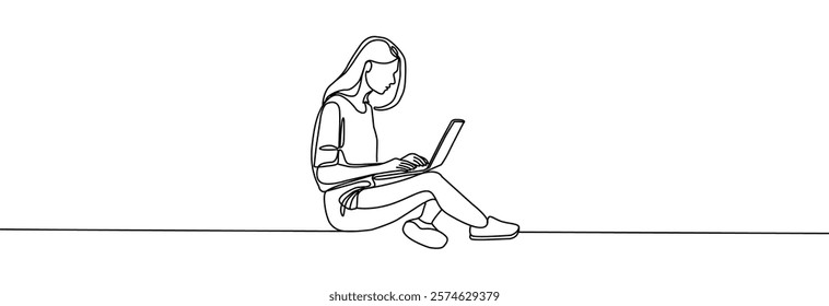 Woman working on a laptop one continuous line drawing. Line art of an office worker . Human working on computer . Office worker or freelancer sitting at workplace . Office employee vector.