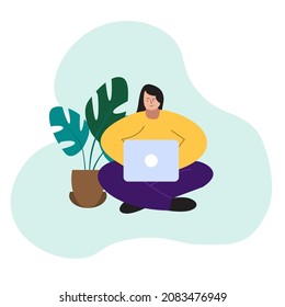 woman working on laptop. Online study, education, freelance work concept	
