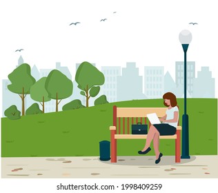 A woman is working on a laptop in a park on a bench. Freelancer, financier, businesswoman.  People enjoy nature and the green landscape.  Vector illustration.