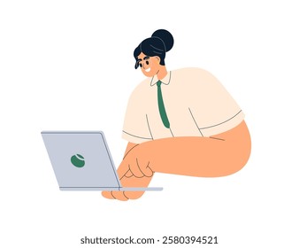 Woman working on laptop. Professional consultant, financial advisor. Online bank manager. Happy female corporate specialist at computer. Flat vector illustration isolated on white background