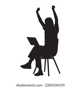 Woman working on laptop raised hands up vector silhouette.