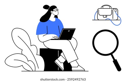 Woman working on laptop seated on large leaf, icons of briefcase and magnifier. Ideal for business research, job search, workplace productivity, career planning, remote work, personal development