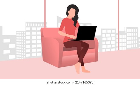 Woman Working On Laptop Sitting On Sofa, Work From Home And Flexible Work Hour Character Vector Illustration.