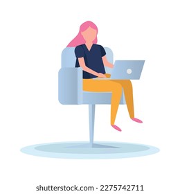 Woman working on laptop sitting in armchair flat vector illustration