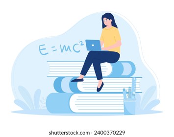 a woman working on a laptop  sitting on a stack of books trending concept flat illustration