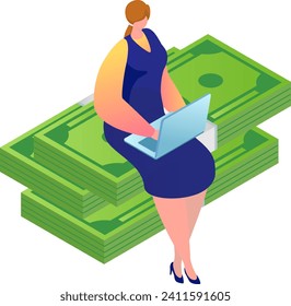 Woman working on laptop sitting on stack of money. Online income and financial success concept. Wealth and investment vector illustration.