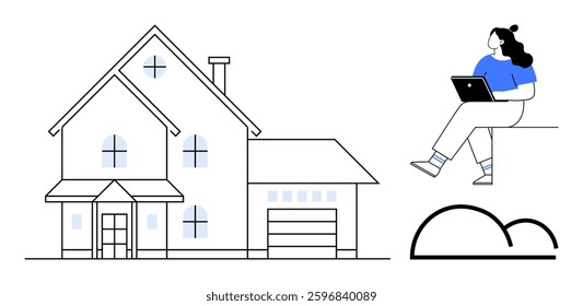 Woman working on laptop, sitting beside a large house with multiple windows and garage. Ideal for real estate, remote work, technology, architecture, home lifestyle, freelance, work-life balance