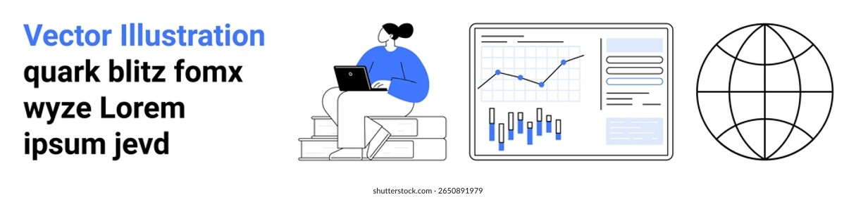 Woman working on laptop on steps, analytical chart with data bars and line graph, globe symbol. Ideal for business analytics, global marketing, data analysis, efficiency, progress tracking, corporate