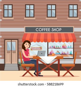 Woman working on laptop in street cafe. Flat style vector illustration.