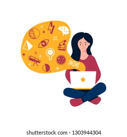 Woman working on laptop, studying, learning. Online education vector illustration