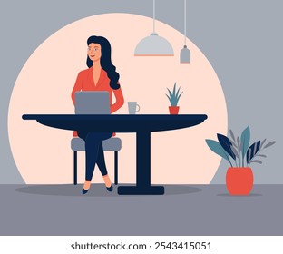 Mujer trabajando en una computadora portátil. Estudiar o trabajar desde casa. Secretaria, directora ejecutiva, estudiante o freelancer trabajando en línea. Ilustración vectorial en estilo plano. Concepto de oficina en casa. sstkSeeher