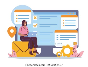 Woman working on laptop with task list and settings icons on a large screen, flat graphic style, on white background. Concept of digital project management. Vector illustration