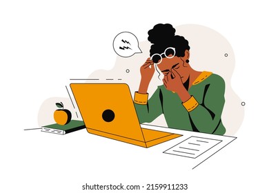 Woman is working on a Laptop. Tired character. Ophthalmology and Eye Care concept. Flat graphics, vector illustration.