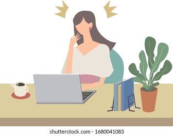 A woman working on a laptop. Vector illustration. Telework. Remote work.