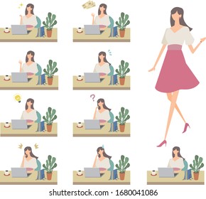 A woman working on a laptop. Vector illustration. Telework. Remote work.