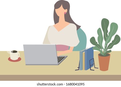 A woman working on a laptop. Vector illustration. Telework. Remote work.