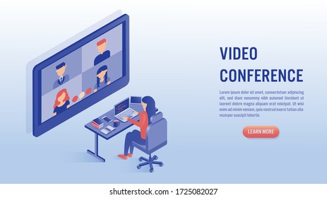 Woman Working On Laptop With Video Conference Concept. Work From Home, Online Meeting. Illustrations Isometric Flat Vector Design.