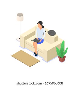 Woman working on a laptop while sitting on a sofa. Vector isometric illustration on a white background.