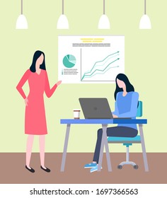 Frauen, die auf Laptop arbeiten, während Chef Aufgabe Vektorillustration, Mitarbeiter und Arbeitgeber im Amt. Tabelle mit Diagrammen und Statistiken, Statistikinformationen über Unternehmen