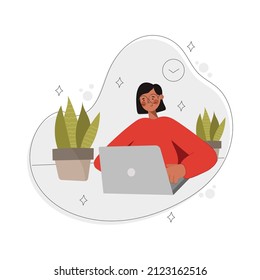 Woman is working on a laptop while sitting at a home. Happy freelancer or office woman working remotely using laptop. Girl looks into the notebook. Software development and programming.