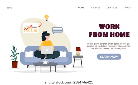 Woman working on laptop while sitting on a couch with a coffee table and home decor in a minimal style, representing remote work and productivity