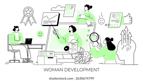 Woman working on laptop while other women engage in various professional activities such as reviewing resumes and analyzing data. Ideal for career growth, professional development, women empowerment