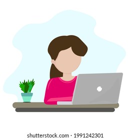 Woman working on a laptop. Work remotely online, through the Internet. The girl is sitting at the computer. Cozy workplace at the table. Freelancer at home. Chat on the network. Vector illustration
