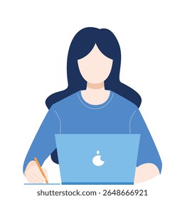 Woman working on laptop and writing notes illustration