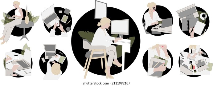Woman working on laptop. Yong modern women characters set. Vector set. Set of young women at work. Business woman at workplace. Successful woman. Woman working in social networks.