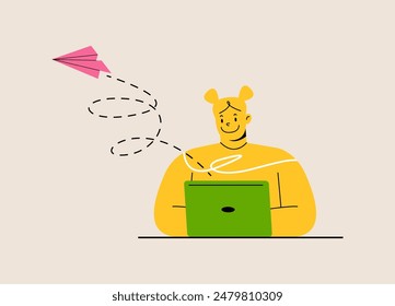 Woman working on laptops. Concept  working process, management, freelance. Colorful vector illustration
