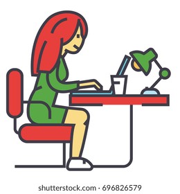 Woman working on notebook in office or at home, female freelancer concept. Line vector icon. Editable stroke. Flat linear illustration isolated on white background