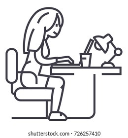 woman working on notebook in office or home,freelancer vector line icon, sign, illustration on background, editable strokes
