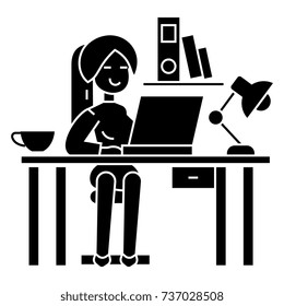 woman working on the office table - office interior - freelancer icon, vector illustration, black sign on isolated background