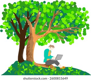 A woman working on a PC in nature flat design vector illustration