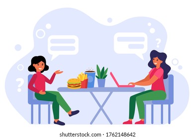 Woman working on project while her female friend eating fast food. Talk, chatting, discussion flat vector illustration. Lunch time, lifestyle concept for banner, website design or landing web page