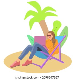 A woman is working on a report outdoors while sitting on a lounge chair