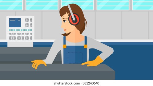 Woman working on steel-rolling mill.