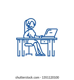 Woman working on table with laptop  line icon concept. Woman working on table with laptop  flat  vector symbol, sign, outline illustration.
