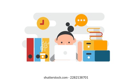 Woman working on table with laptop vector illustration
