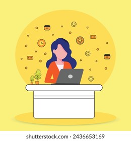 A woman working on the table with laptop. A female computer programmer  in workplace . A busy woman. 