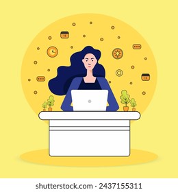 A woman working on the table with laptop. A female computer programmer  in workplace . A busy woman. 