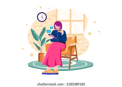 Woman working on a tablet while drinking coffee Illustration concept on white background