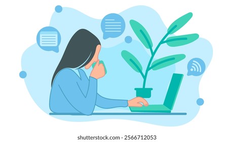 The woman is working on a task in front of a laptop with a strong network, and is also drinking coffee. Vector illustration in flat design style