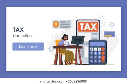 A woman working on tax deductions at a desk with a computer, calculator, and financial documents. Background includes financial icons and gears. Concept of tax calculation. Vector illustration
