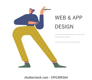 Woman is working on ui ux design project. Designer drawing scetch in vector programm with pencil. Charcter illustration for design online classes or seminar banner, ads, landing page, application.