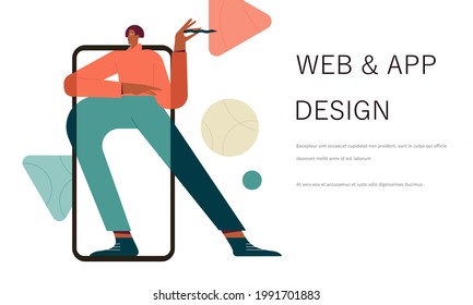 Woman is working on ui ux design project. Designer drawing scetch in vector programm with pencil. Charcter illustration for design online classes or seminar banner, ads, landing page, application.