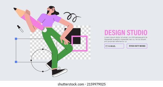 Woman is working on ui ux design project. Designer drawing sketch in vector program with big pencil. Character illustration for design online classes or seminar banner, ads, landing page, application.