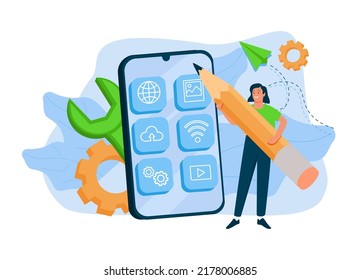Woman is working on ui ux design project. Designer drawing scetch in vector programm with pencil. Charcter illustration for design online classes or seminar banner, ads, landing page, application.
