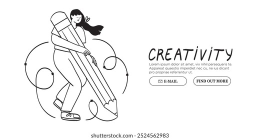 Woman is working on ui ux design project. Designer drawing scetch in vector programm with big pencil. Charcter illustration for design online classes or seminar banner, ads, landing page, application.